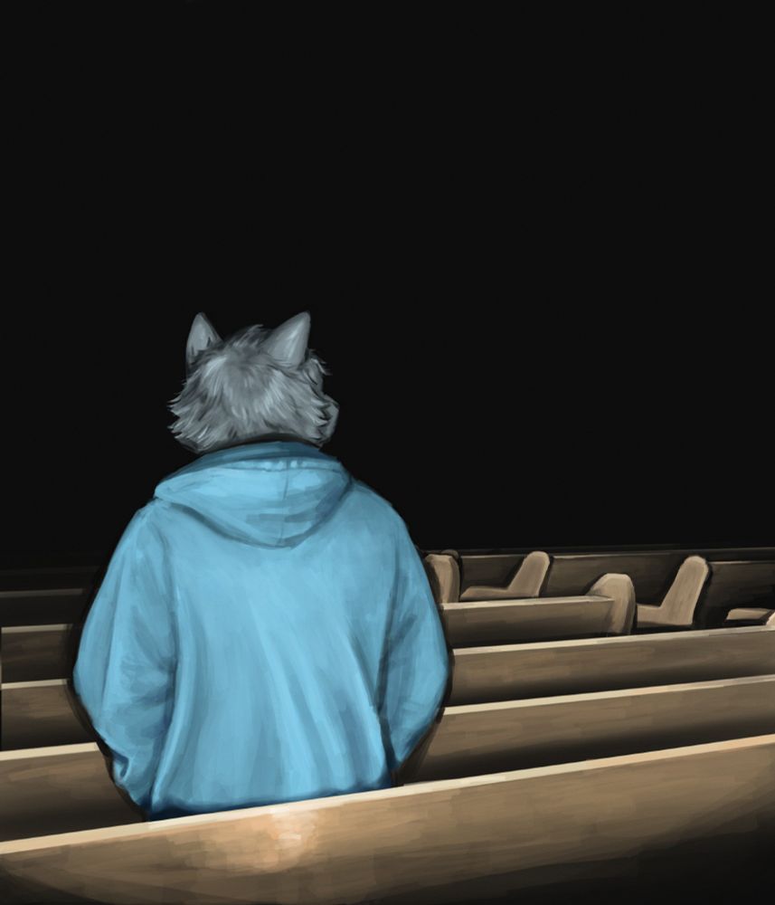 digital painting of an anthropomorphic character standing between the pews of a large church. the room is pitch black with the exception of the area illuminated by the "flash", revealing many rows of pews trailing off into the darkness. the character is a grey feline, facing away from the viewer, wearing a large blue hoodie. 
