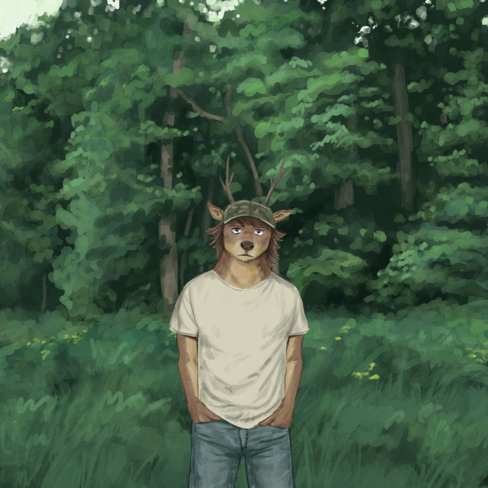 digital painting of an anthropomorphic red deer, flint, standing in front of a large, dense forest. the character has long head-fur, and is looking back at the viewer with a neutral expression, wearing a camo baseball cap, tan t-shirt, and blue jeans, with hands in the pockets. in the mid-ground behind the character is a small grassy field dotted with yellow flowers. an overcast but bright sky can be seen above the treeline.