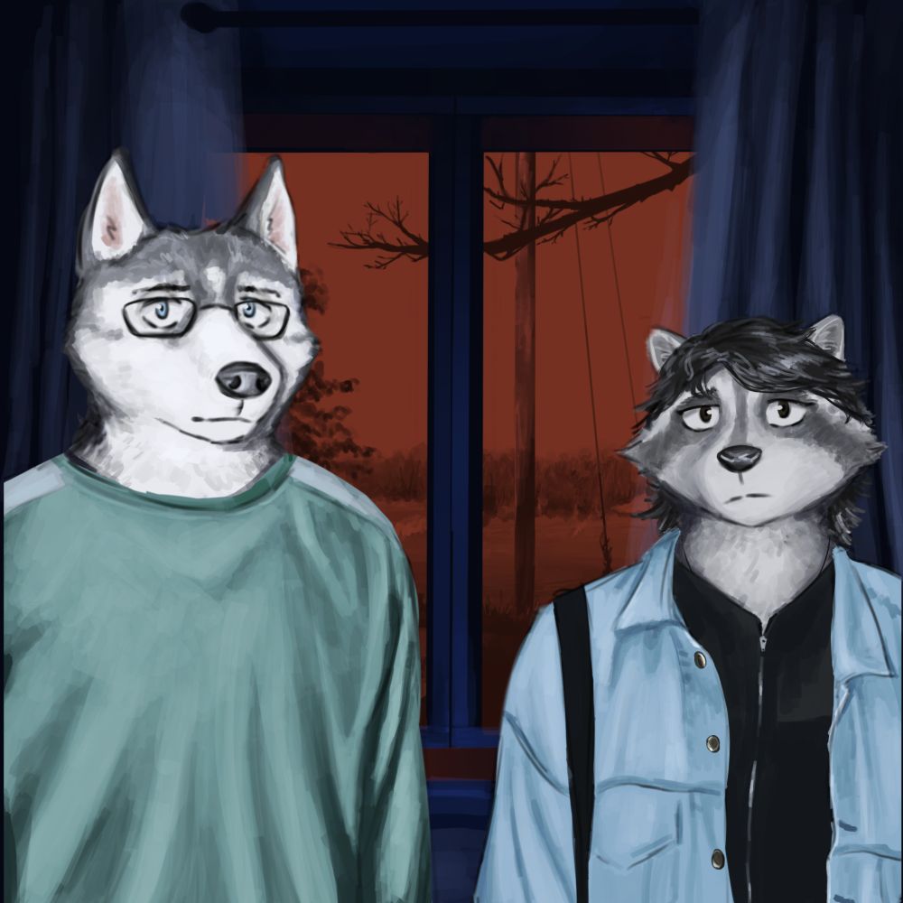 digital painting of two anthropomorphic characters, a husky and raccoon, standing in front of a large window. the characters are slightly overexposed, as though illuminated by camera flash. the husky, owen, is wearing glasses and a teal sweater. the raccoon, alexis, is wearing a jean jacket, and zip-up black shirt, with bag strap over her shoulder. both of the characters stare back at the (imaginary) camera with neutral expressions. in the background, the field outside the window is bathed in red-orange, showing a view of distant trees, a couple branches, and a large wooden electrical pole. the curtains and frame of the window are slightly tinged with blue light.