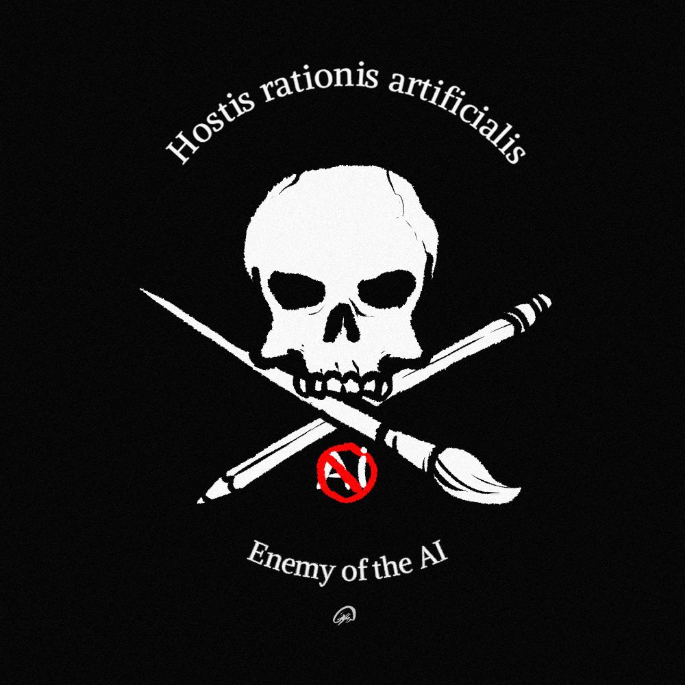 Bandera pirata, debajo del cráneo hay un pincel y un lápiz cruzados, arriba un texto en latin donde pone "Hostis rationis artificialis", abajo uno en inglés donde pone "Enemy of the AI".