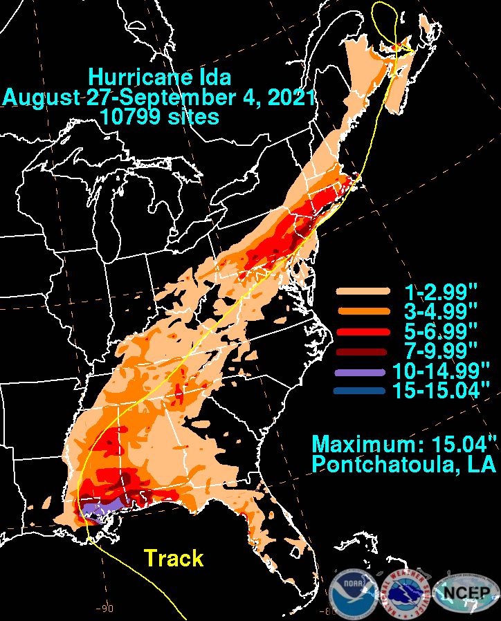 Total rainfall for Ida, which used rain gage information from the National Weather Service River Forecast Centers, Forecast Offices, and CoCoRAHS. https://www.wpc.ncep.noaa.gov/tropical/rain/ida2021.html