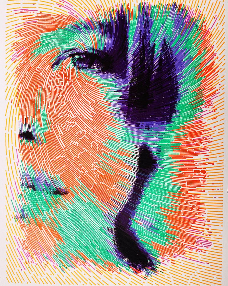 Ink drawing illustration of a woman's face close up of half face. Flow field composition starting from the eye's center. Yellow, Rose, Orange, Green, Blue, Red, Purple, and Black inks used. 