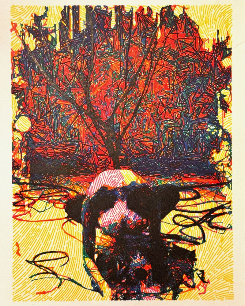 Pen ink line drawing plot print. A man's form is hunched over as cables lie tangled and sprawled around the flow wrapping up the wall. Detailed line drawing foreground in 7 colors: Rose, Orange, Green, Blue, Red, and Black. Background is a flow field pattern with perlin noise in Yellow ink. 