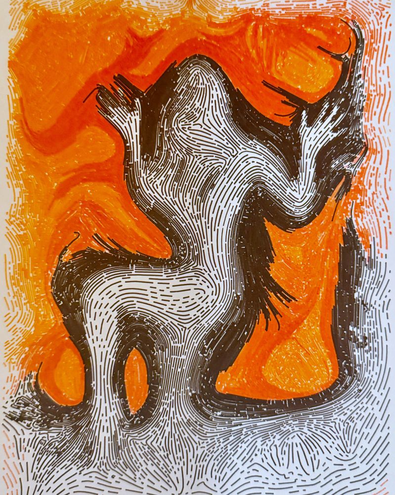 Orange, Red, and Black line drawing of a human form transforming through a cleansing fire ritual. Non continuous line strokes, flow field distribution of lines tone mapped to form 