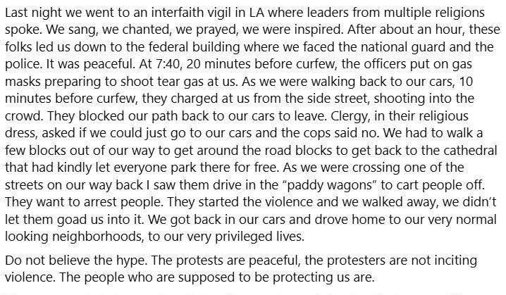 A written report from Disntha Day Sorouse about officrrs attacking clergy as they were leaving a vigil in downtown LA before the curfew kicked in.