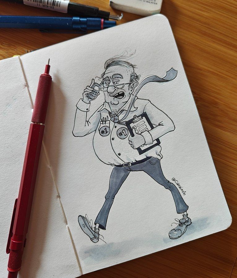 Cartoon drawing of a tallyman, seen in his natural habitat of a count centre, Blockia in hand, clipboard with tally sheets under his armpit.