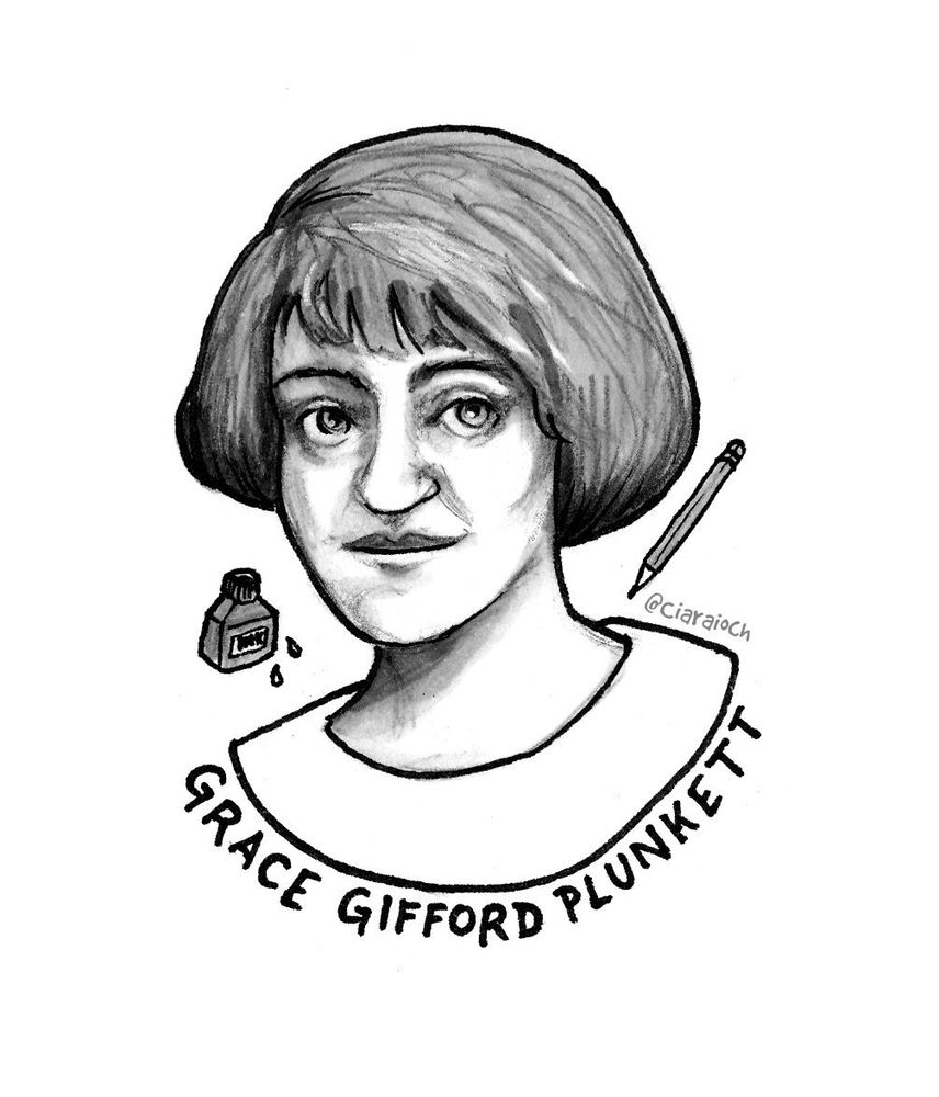 Cartoony drawing of Gifford Plunkett with a pencil and bottle of ink