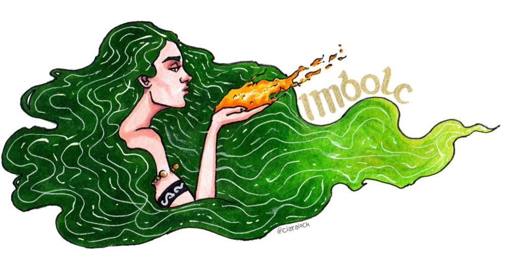 Drawing of a woman with green hair blowing a flame from her hand, with the word imbolc in gold letters