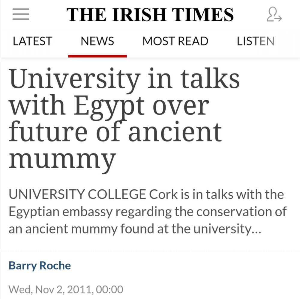 Screenshot of an Irish Times article from 2011 with the headline "University in talks with Egypt over future of ancient mummy"