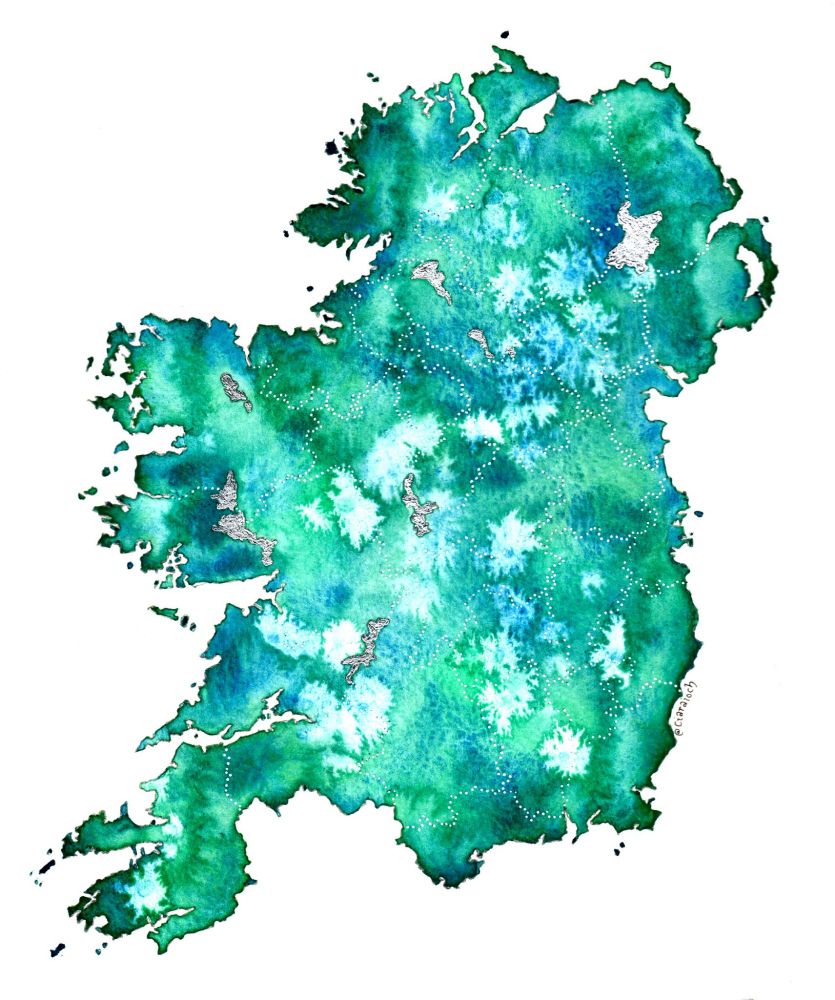 A watercolour painting in shades of green and blue of the island of Ireland, with a suspiciously large chunk missing from the south.