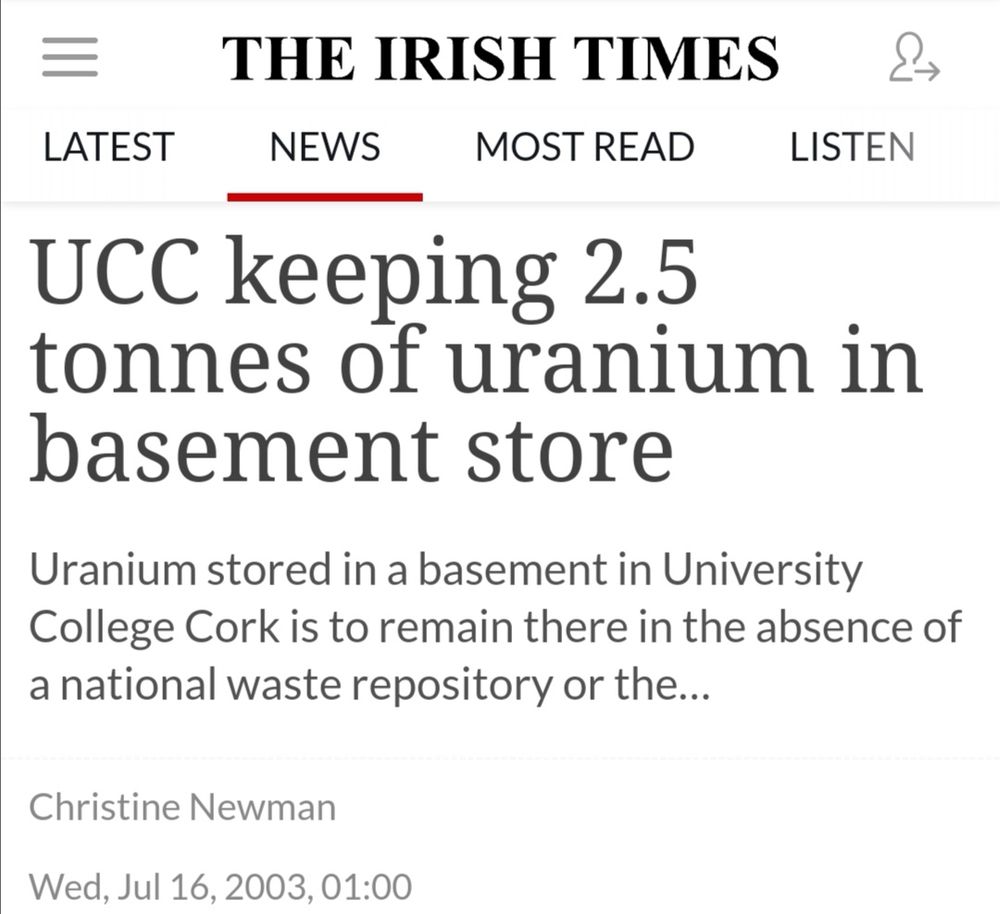 Screenshot of an Irish Times article from 2003 with the headline "UCC keeping 2.3 tonnes of uranium in basement store"