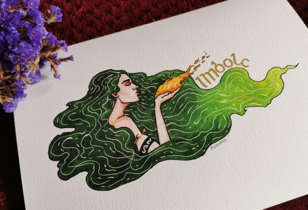 Imbolc print next to purple flowers

#speirgorm #speirghorm #art #traditionalart #artist