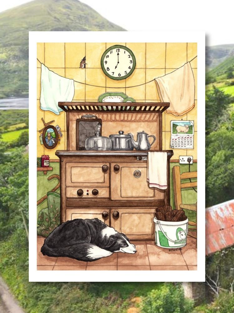The "Well Earned Rest" print against a background of a rural Irish mountain, lake and old house 