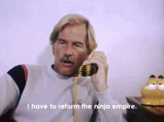 richard harrison saying "I have to reform the ninja empire" into a Garfield phone