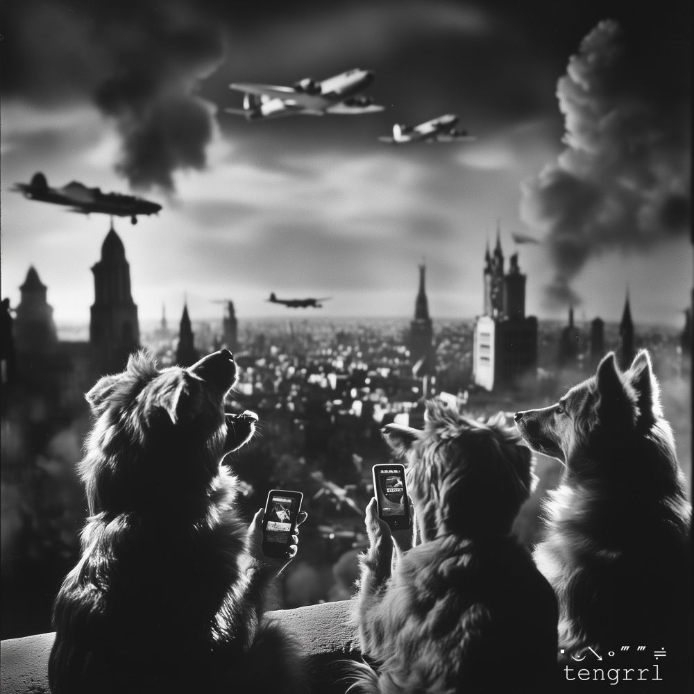 Three large dogs scan the sky and message on their cell phones as U.S. war planes attack a European city during WWII