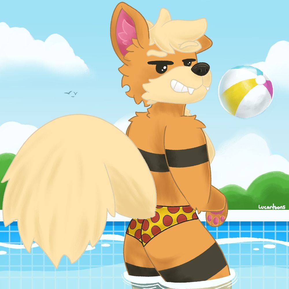 Aaron in a pool wearing pepperoni pizza speedos with a smirk on his face 