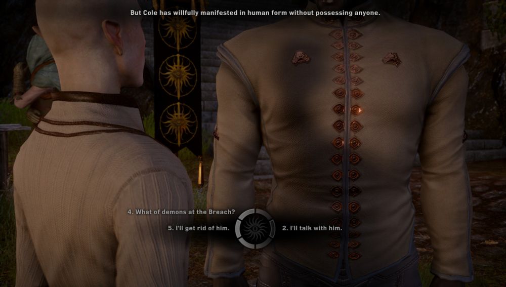 Solas staring pointedly at Inquisitor Adaar's chest.
