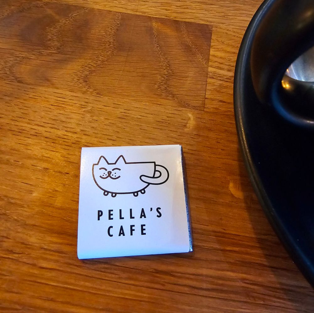 A photo of Pella's Café logo on a square of chocolate. It's a mug with cat ears, a tail, and a cat face.