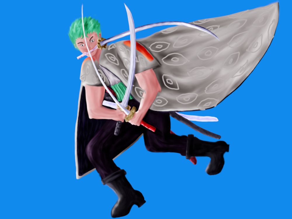 Digital painting WIP of Roanoa Zoro from One Piece in a dynamic pose facing slightly angled and to the left. He is grinning around the white hilted sword in his mouth and has two other swords crossed in front of him, one with a red hilt in his left hand, one with a black hilt in his right. Light is coming from the left, and he looks like he is stepping down and slightly crouching. He has a gray cape that is lifted behind him on top of one of his normal outfits. Base colors and shapes are defined with improved rendering and shading, and details on the cloak are starting to emerge