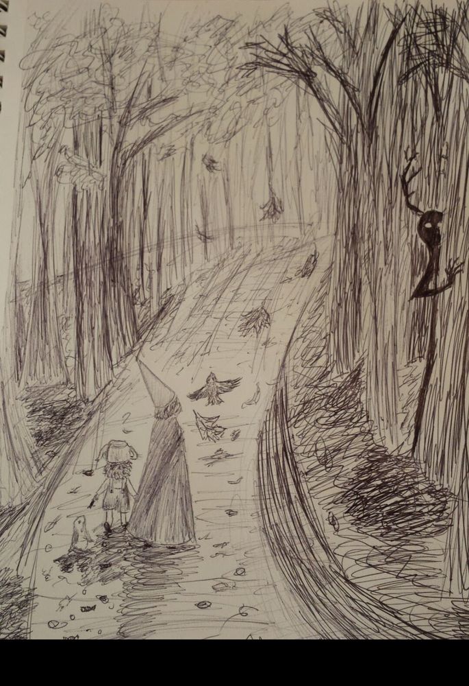 Just a Walk in the Woods, Oct 2017

Loose black and white sketch done with a pen of a forest path winding through lightly shaded trees on the left and darker ones to the right, out of which peers the inky black, antlered and white-eyed figure of the Beast from Over the Garden Wall, its spindly fingers perched on a nearby tree it peers around. Oblivious to this are the figures of Greg on the far left, Wirt in the middle, and Beatrice in bird form on the right, with Beatrice flying and guiding the brothers. Beside Greg is a frog looking up happily at him. Autumn leaves swirl through the air.