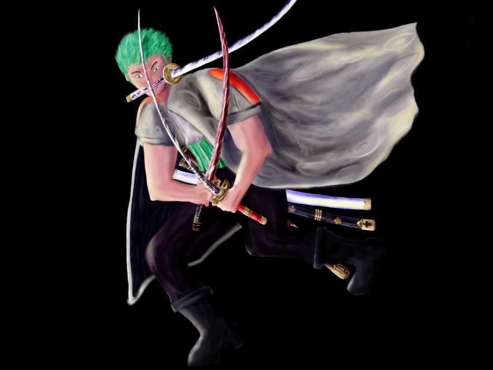 Digital painting of Roanoa Zoro from One Piece in a dynamic pose facing slightly angled and to the left. He is grinning around the white sword hilt in his mouth and has two other swords crossed in front of him, one with a red hilt and a purple/black and white blade in his left hand, and the other with a black hilt and red blade in his right. Soft, warm light is coming from the left, and he looks like he is stepping down and slightly crouching. He has a gray cape with eye patterns that is lifted behind him on top of one of his normal outfits. The cape ripples in the wind, and his swords and scabbards are highly detailed.