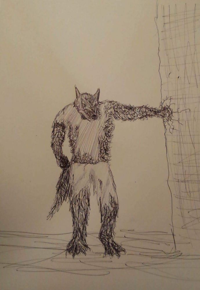 A Wolf in Man's Clothing Pen sketch of an upright werewolf with tattered light colored shorts and an even more tattered top has his right arm balled into a fist at his side as his left arm extends at a 90° angle to punch a very loosely sketched brick wall, which he is facing with an angry but closed mouthed expression. His tail is stiff and pointed down at his right side.
