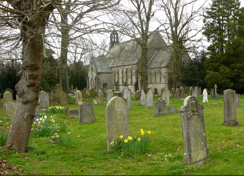 An English church built Gothic-style in grey brick is in the background. Opening out before it is a graveyard. Old but not crumbling stone tombstones are arranged spaced out in not quite perfect order. The grass is green and there are daffodils growing in front of some of the headstones. The graveyard is dotted with leafless trees. No people can be seen in the picture, and the scene has a peaceful air