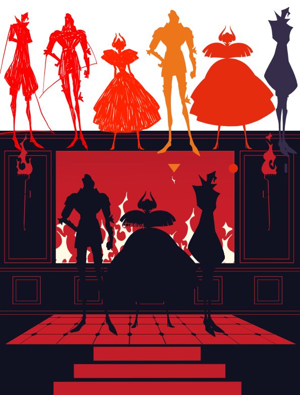 Side by side sketch and final illo. Adrestian trio silhouettes standing in front of fire.