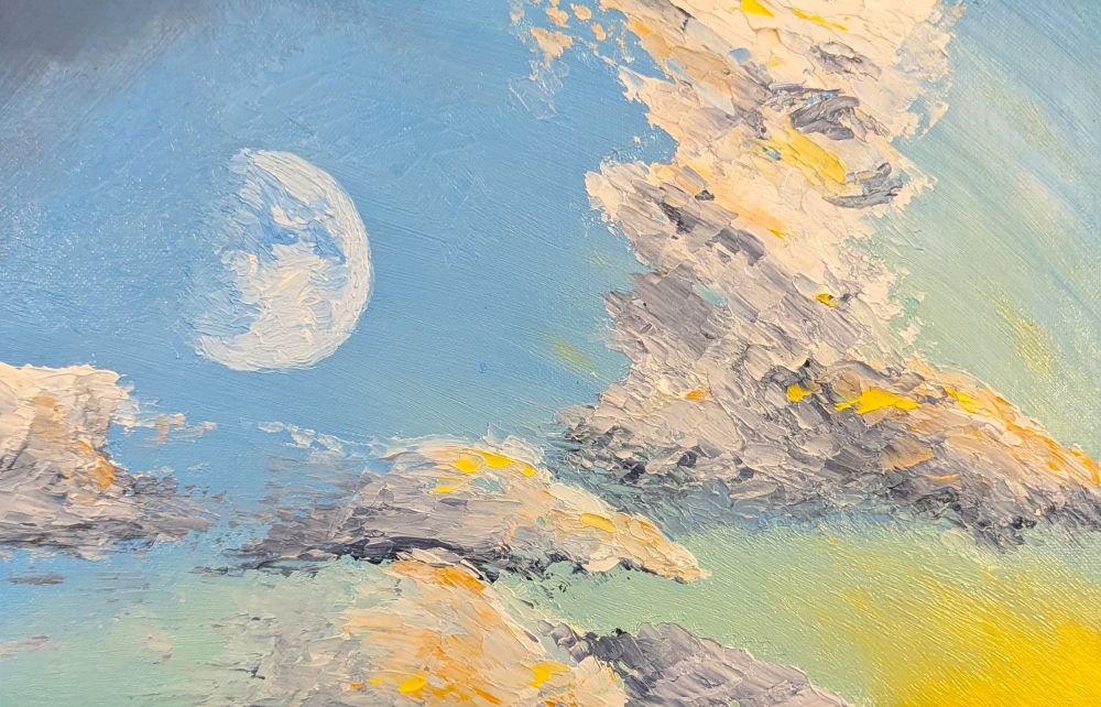 a sunset and a moonrise, the sun refracts light through thick and scattered rain clouds, scattering gold across them. The moon hangs high and large on the left side of the painting, but waxing and washed in the blue sky