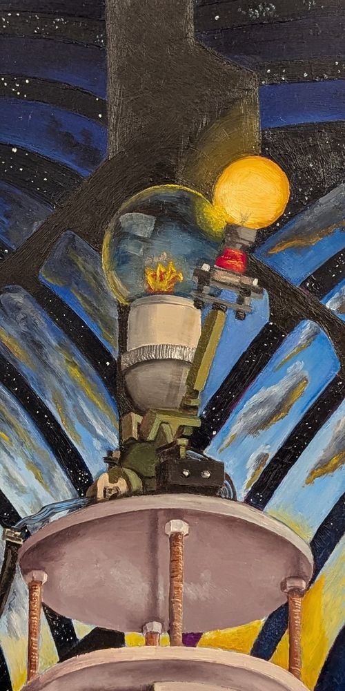 a lighthouse mechanism comprised of two light sources sits atop a stand.  in the background the fresnel lens of the lighthouse refracts a distorted image of a sunset, with clouds racing laterally through the curved panes, while between those the night sky can be seen. the smaller bulb is fully illuminated while the larger central bulb of the fixture has warm filament but does not appear to be fully lit as of yet. 