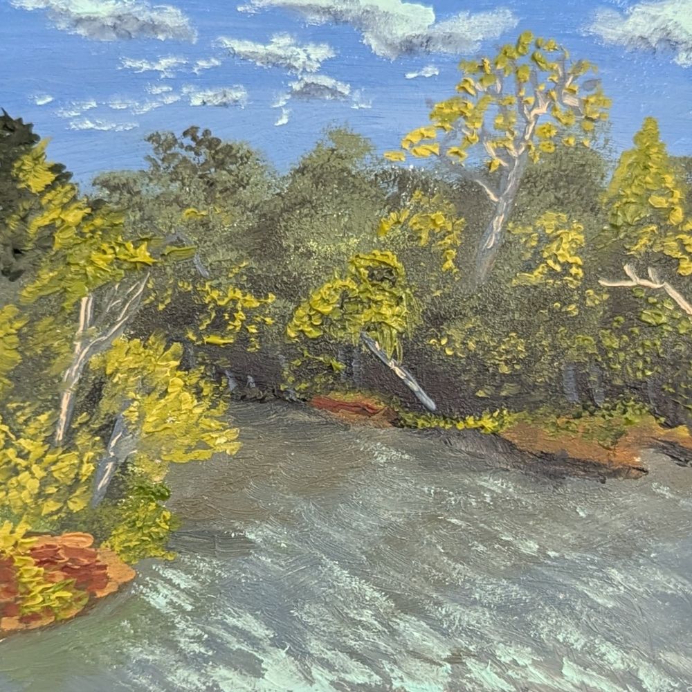 a view from a high vantage of the bank of a lake, with blue skies overhead 