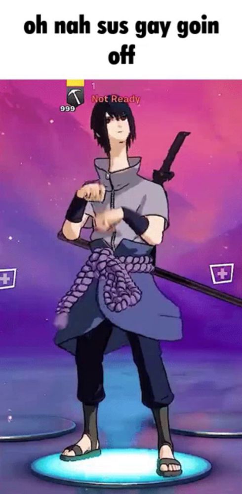 a cartoon character with a sword and the words oh nah sus gay goin off above him