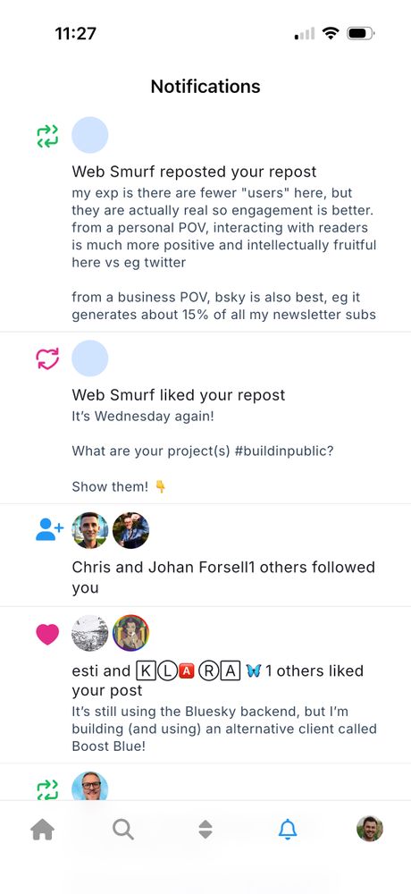 A screenshot of Boost Blue showing the notifications tab with the new notification types.