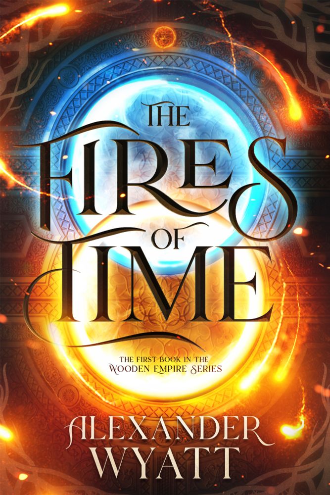 The cover of the novel and audiobook The Fires of Time. The cover shows two interlocking gold rings, one wreathed in blue flame the other in orange flame. The book is the first in the Wooden Empire series.