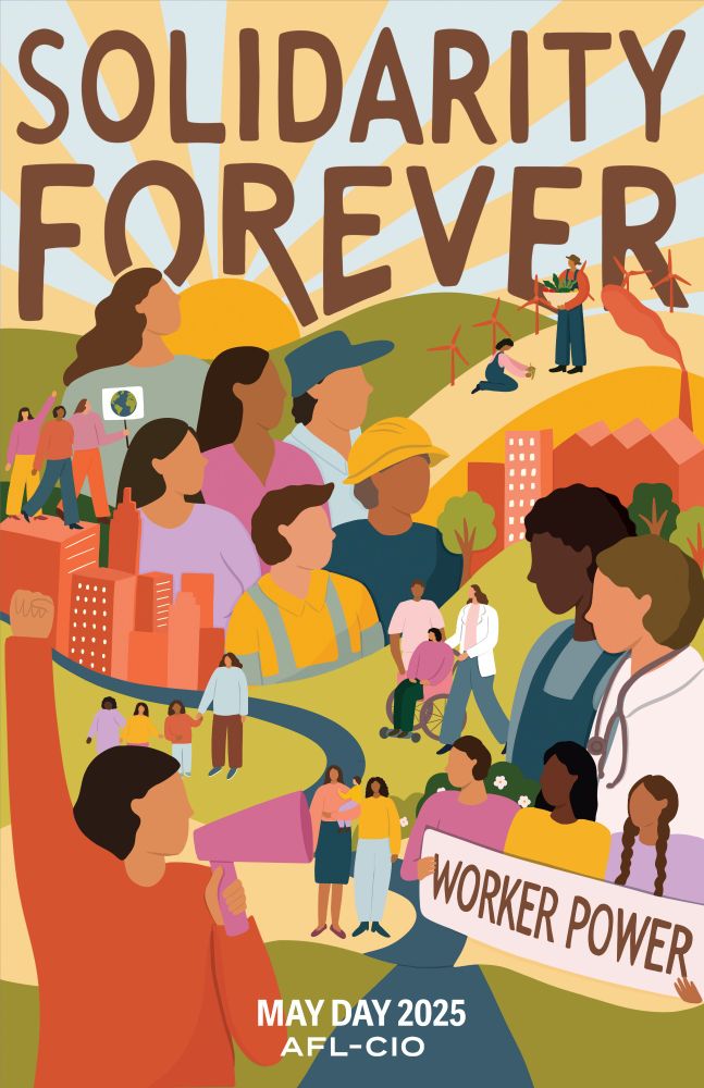 Illustration of a community with the phrase "Solidarity Forever" in the sky