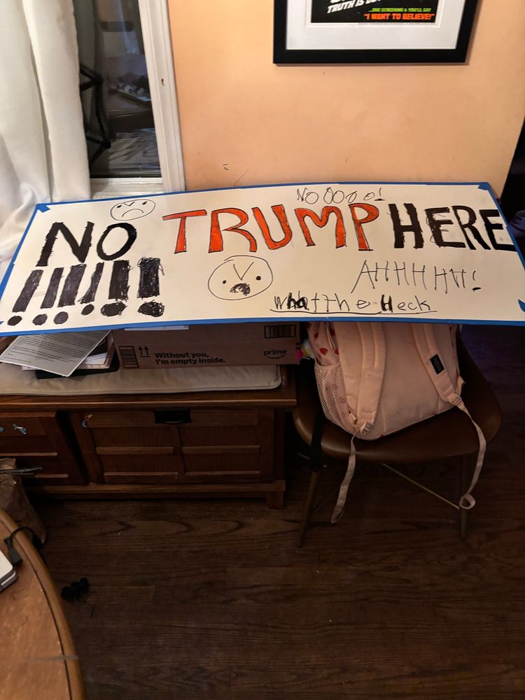 A poster board wjth No Trump Here written on it in children’s writing. 