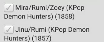 Screenshot from ao3. Reads: 
Mira/Rumi/Zoey (KPop Demon Hunters) (1858)
Jinu/Rumi (KPop Demon Hunters) (1857)
