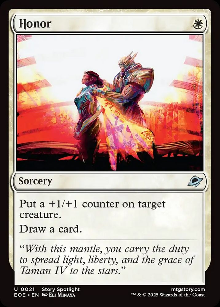 MTG card Honor {W} Sorcery Put a +1/+1 counter on target creature. Draw a card.