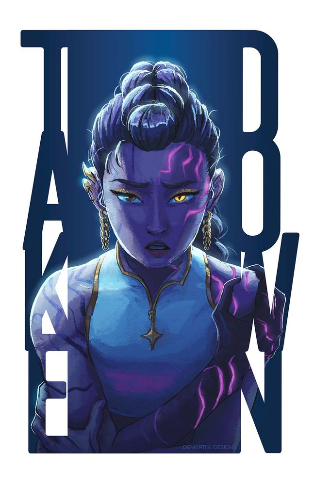 Rumi from K-Pop Demon Hunters in a blue spotlight. One eye glows gold and there are magenta patterns glowing on her skin as she clutches her arms and stares at the viewer. The edges of the illustration are cut into to reveal the title Takedown as a mask over the image.