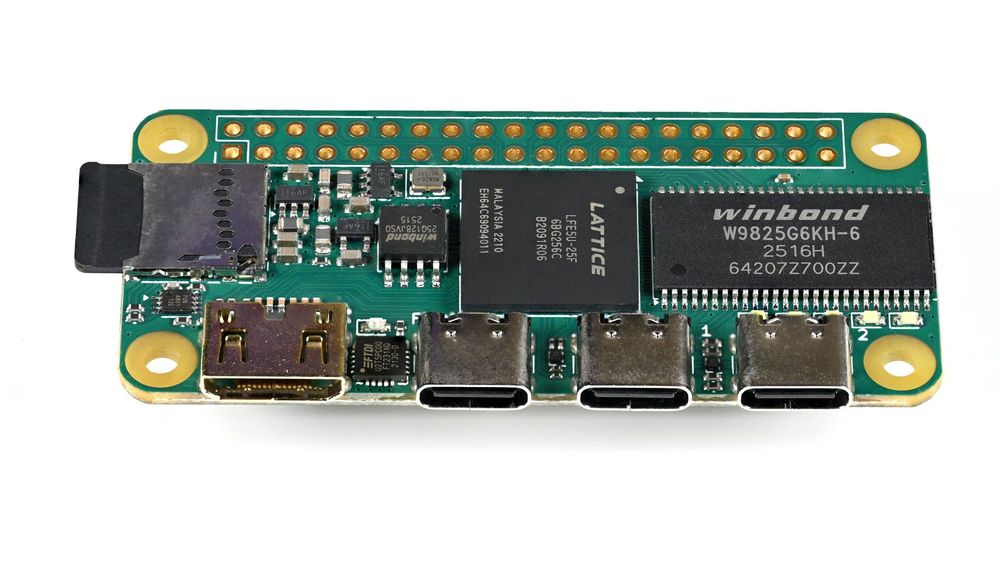 Photograph of Icepi Zero dev board from Crowd Supply website showing components, including Lattice FPGA, SDRAM, and connectors. 