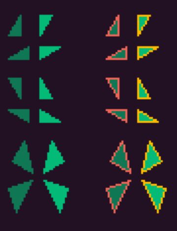 24 small triangles rendered without and without edges highlighted for debugging.