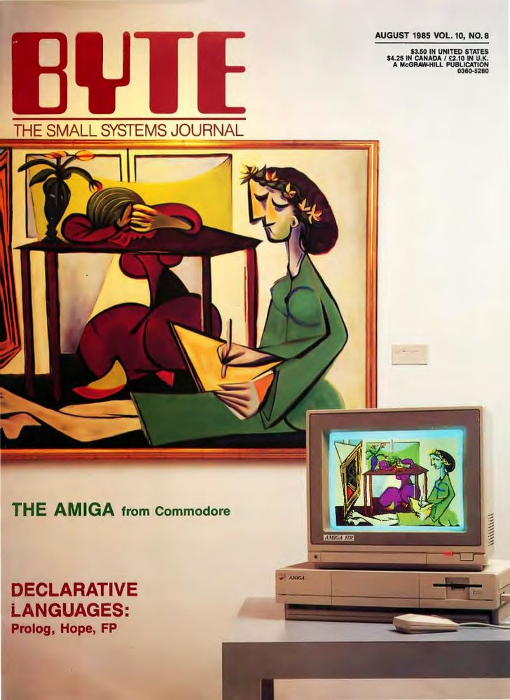 Front cover of Byte August 1985 showing an Amiga 1000 displaying artwork.