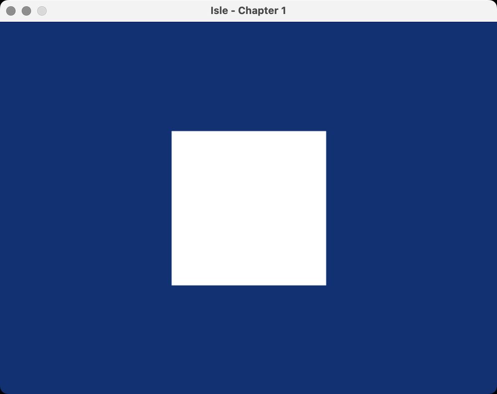Verilator LibSDL simulation running on macOS showing a simple white square on a navy blue background.