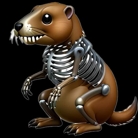 Cartoon style groundhog with much of its skin and meat gone, showing the skeleton underneath.
