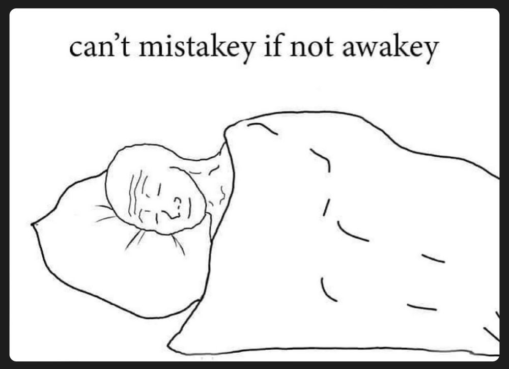 Human smiling in bed under a cover, head on a pillow. Text above them says “can’t mistakey if not awakey”