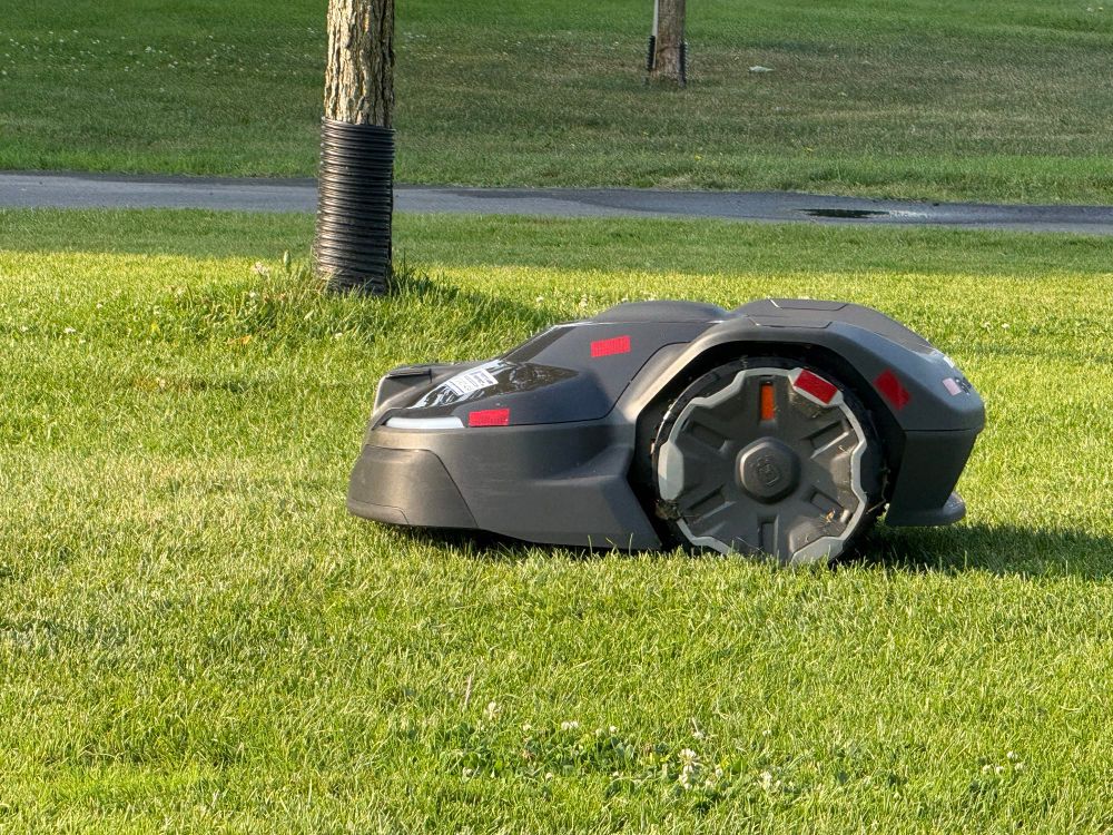 Robot lawnmower in action 