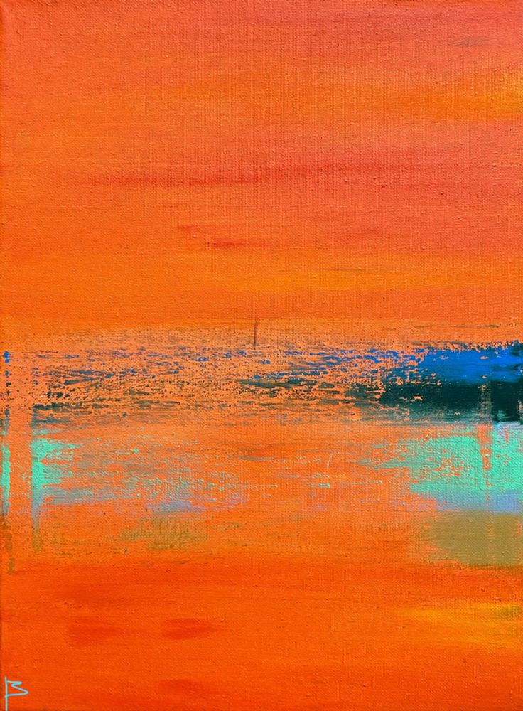 Abstract painting in orange, blue and green. Acrylic paint on canvas. 16x12 inches. 