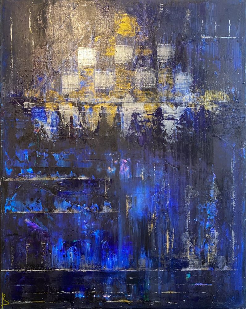 Abstract painting of a ship in a foggy harbour. Acrylic paint on canvas. 20x16 inches. 