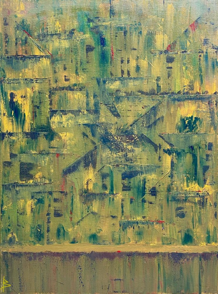 Abstract painting of an old town, from 2021. Acrylic paint on canvas. 16x12”. 