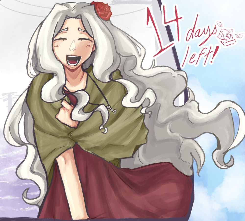Shion Kozakura is drawn pulling at her shawl as the wind blows through her dress and cascading hair. She smiles with a wide open-mouth grin, though her eyes are closed and eyes remain furrowed. She is drawn between two worlds: one with an endless ocean and foggy telephone lines, the other with a cloudy blue sky. TEXT: 14 days left!